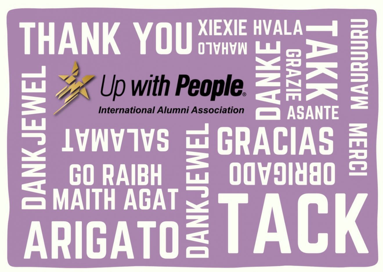 Word Cloud of Thank You in many languages around the UWPIAA logo. Words are in white and the background is purple