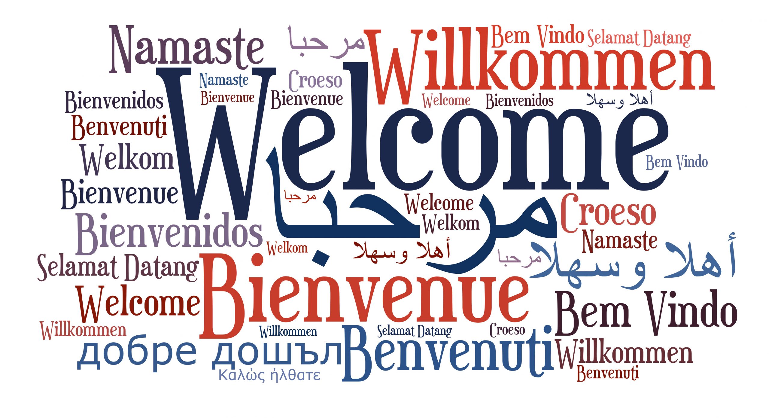 Welcome written in many languages. Words are red and blue on a white background.